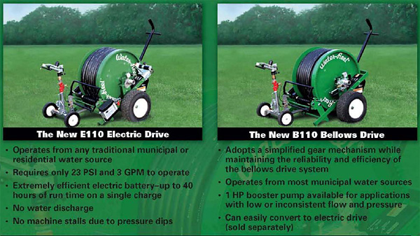 A traveling irrigation reel set up at the edge of a field
